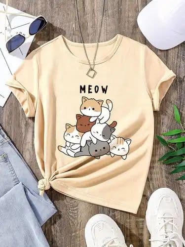 Menow Cats Girl  Printed Oversized T-Shirt