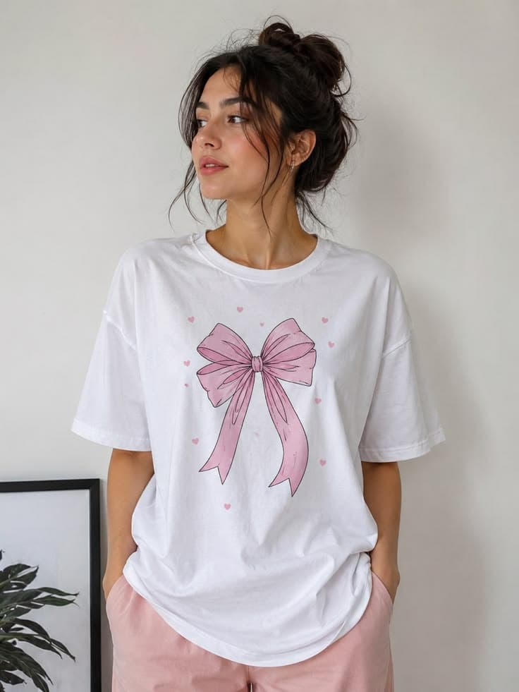 Pink Bow DTF printed Oversized T-Shirt